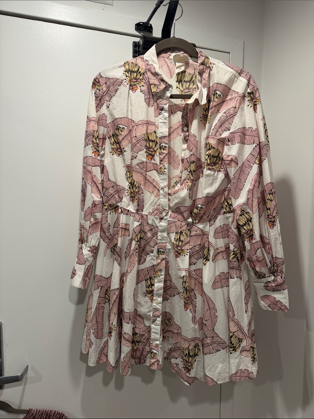 Button-Front Pink Tropical Leaf Tiered Long-Sleeve Dress